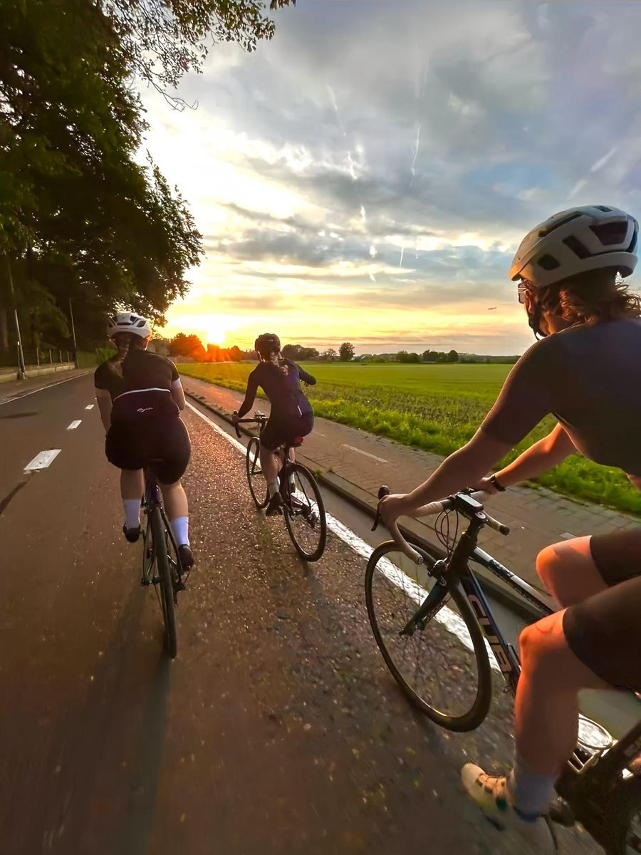 Cyclists riding along the Rotterdam harbour waterfront at sunset